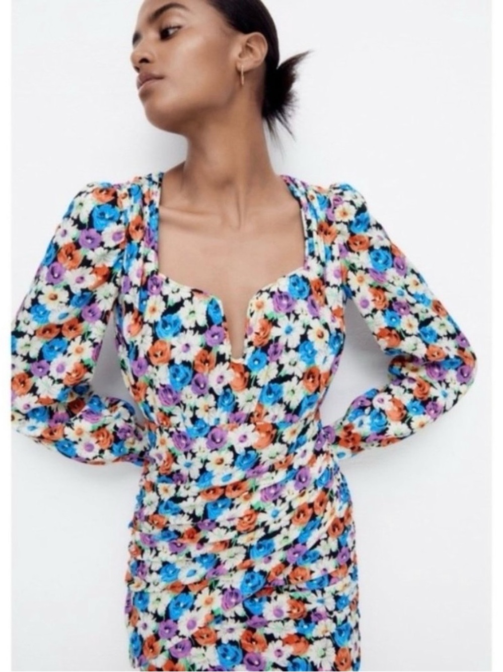 Zara Floral Ruched Long Sleeve Mini Dress Size Small Black Multicolor Flower